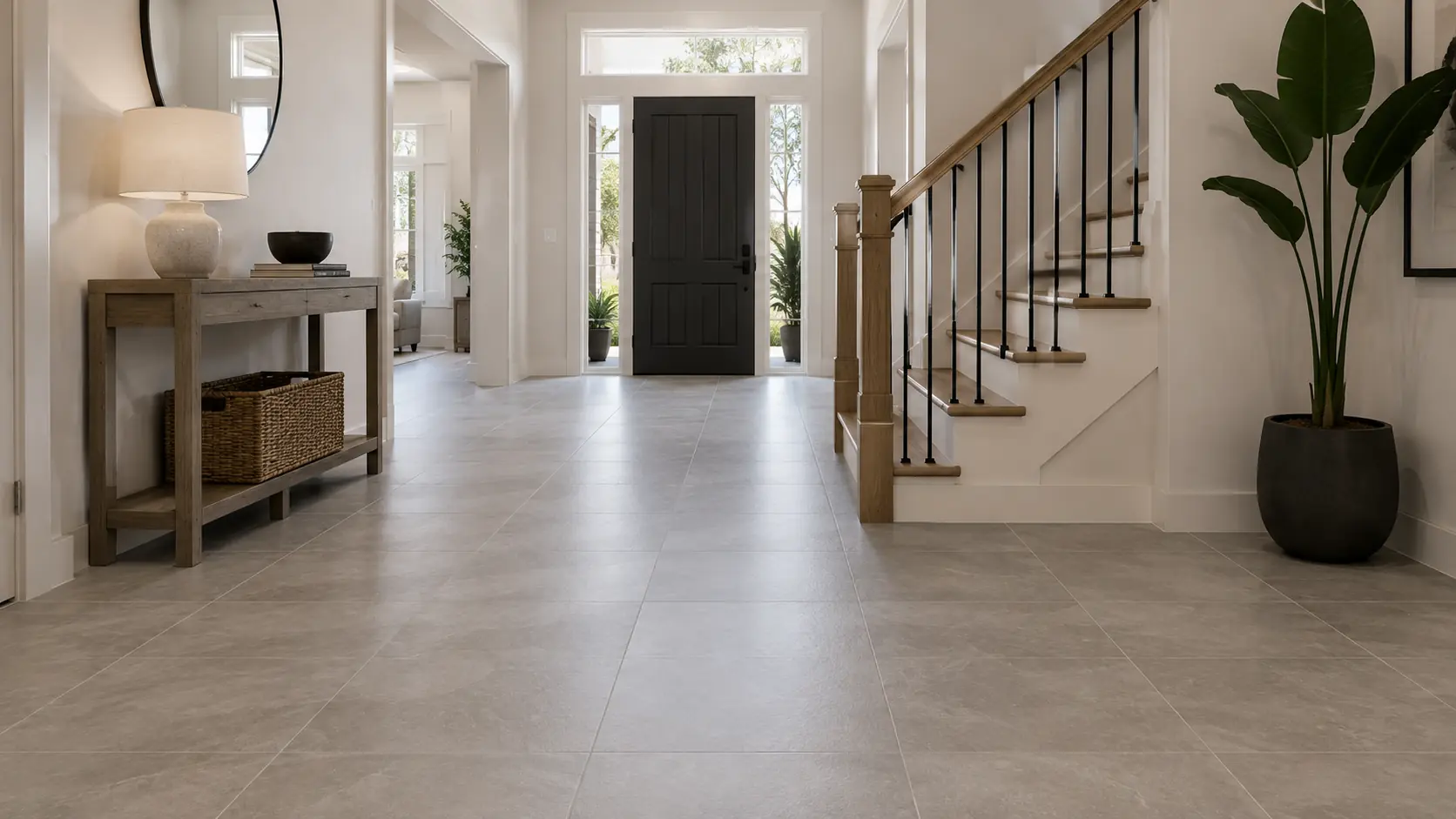 Floor tile installation Brea CA — large-format porcelain plank flooring in an open living space