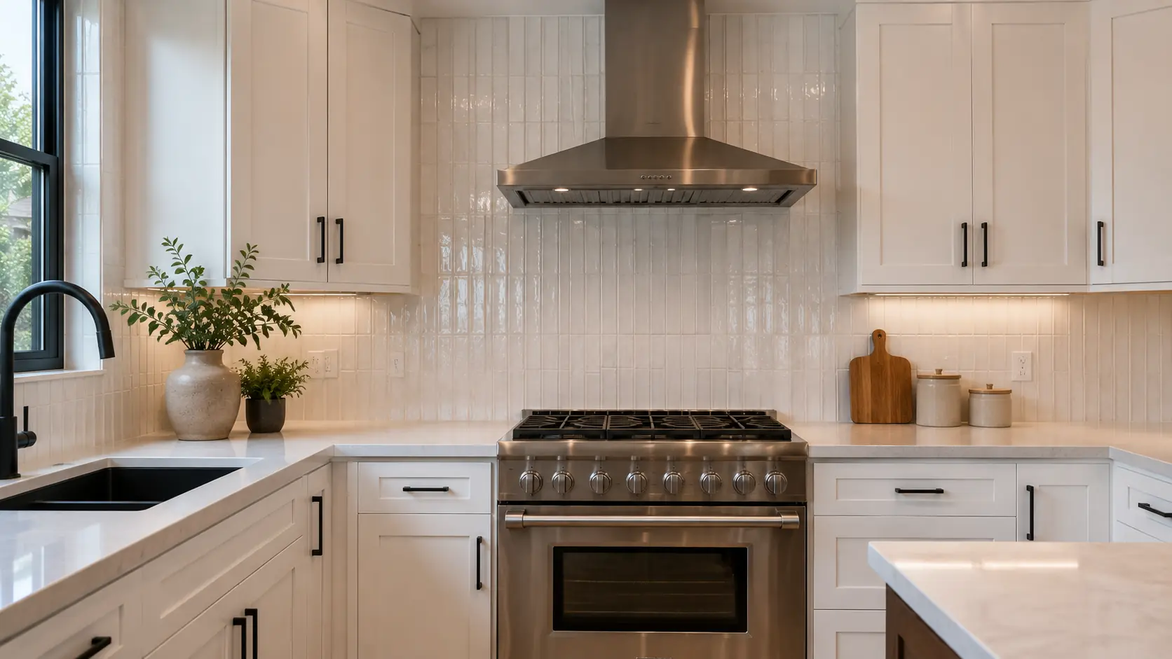 Kitchen backsplash installation Brea CA — glossy vertical tile behind a range and hood in a white kitchen