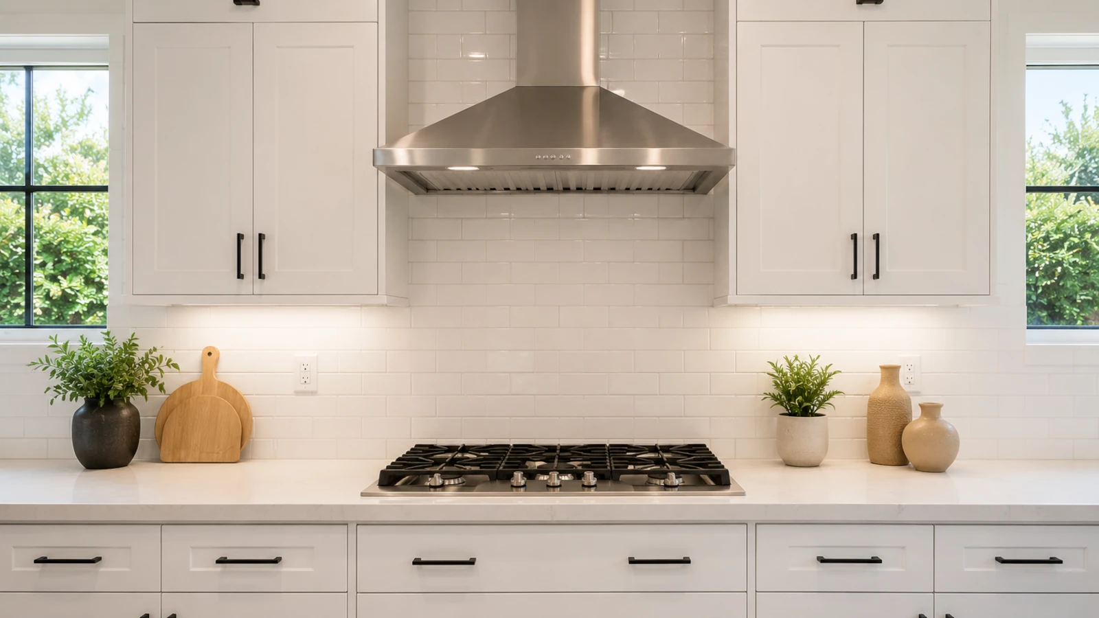 White subway tile backsplash behind a stainless range and quartz countertop