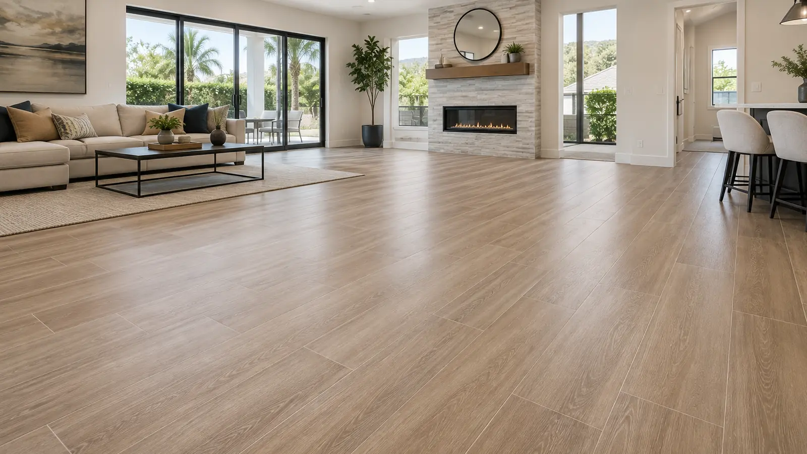 Wood-look porcelain plank tile flooring in an open living room