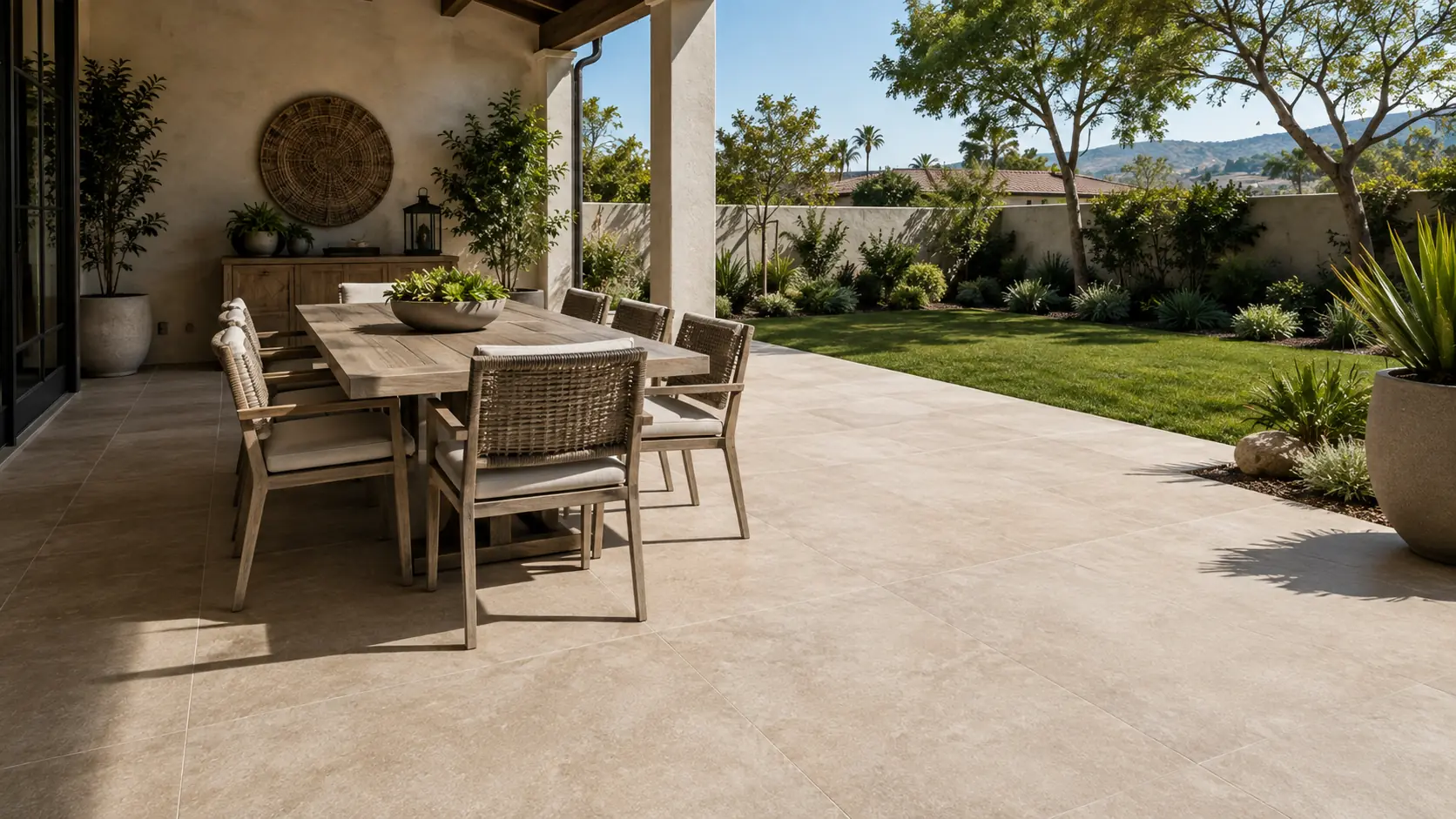 Patio tile installation Brea CA — textured slip-resistant porcelain tile on a covered outdoor patio