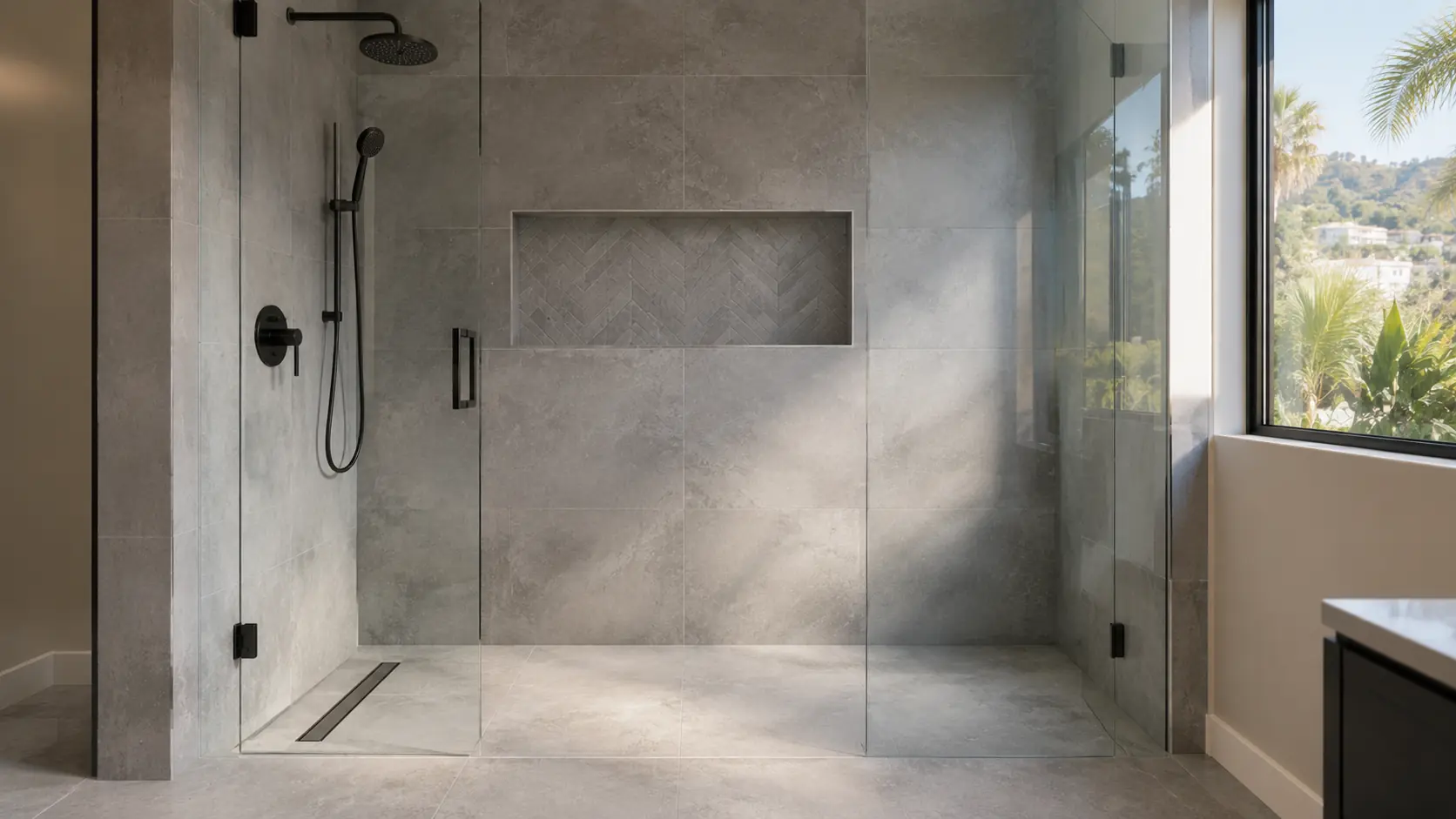 Walk-in shower with large-format grey porcelain tile and herringbone niche