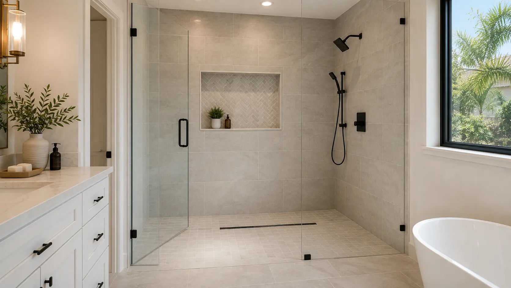 Shower tile installation Brea CA — walk-in shower with large-format tile walls and a herringbone tile niche