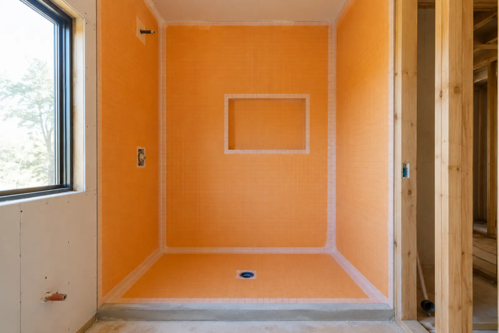 Shower waterproofing membrane installed before tile in a Brea bathroom, tile installation Brea CA