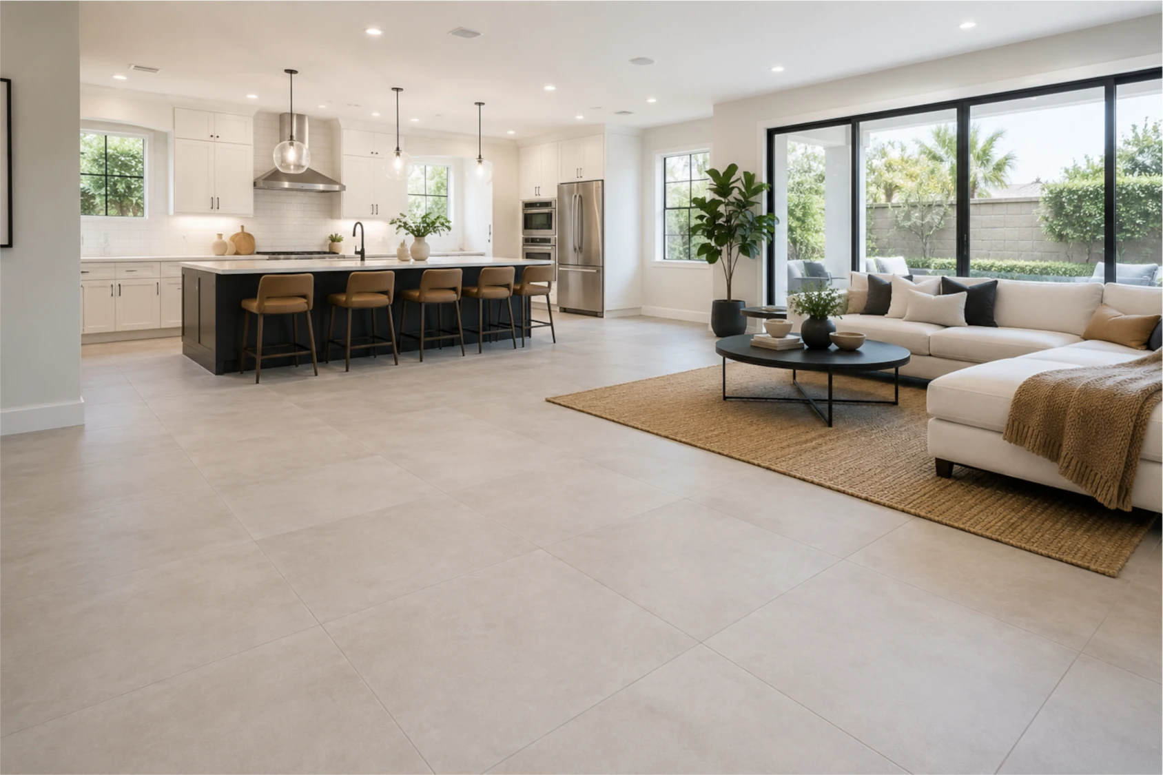 Open-concept Brea home with large-format porcelain tile flooring.