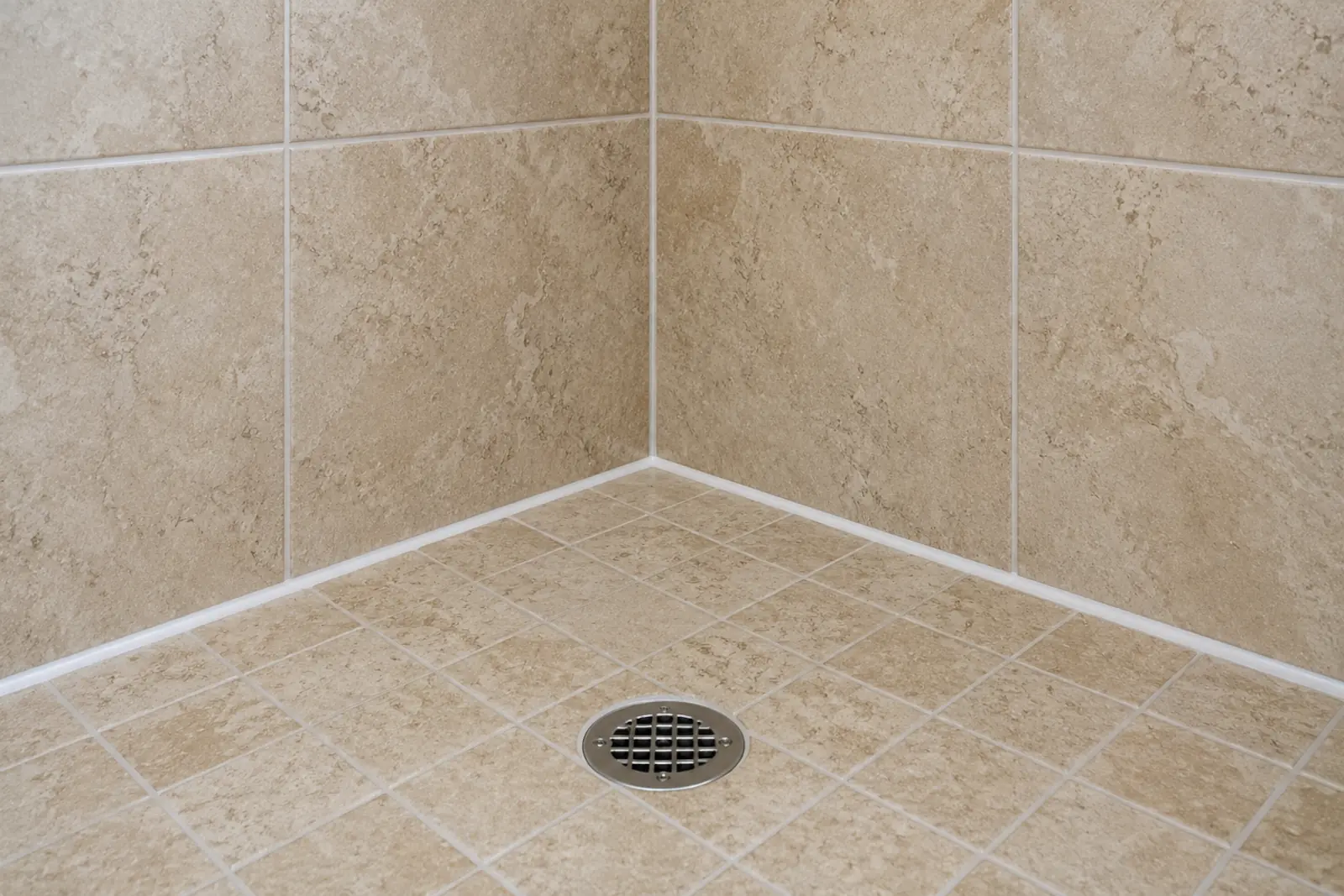 Same shower corner after regrouting with fresh grout and new silicone caulk
