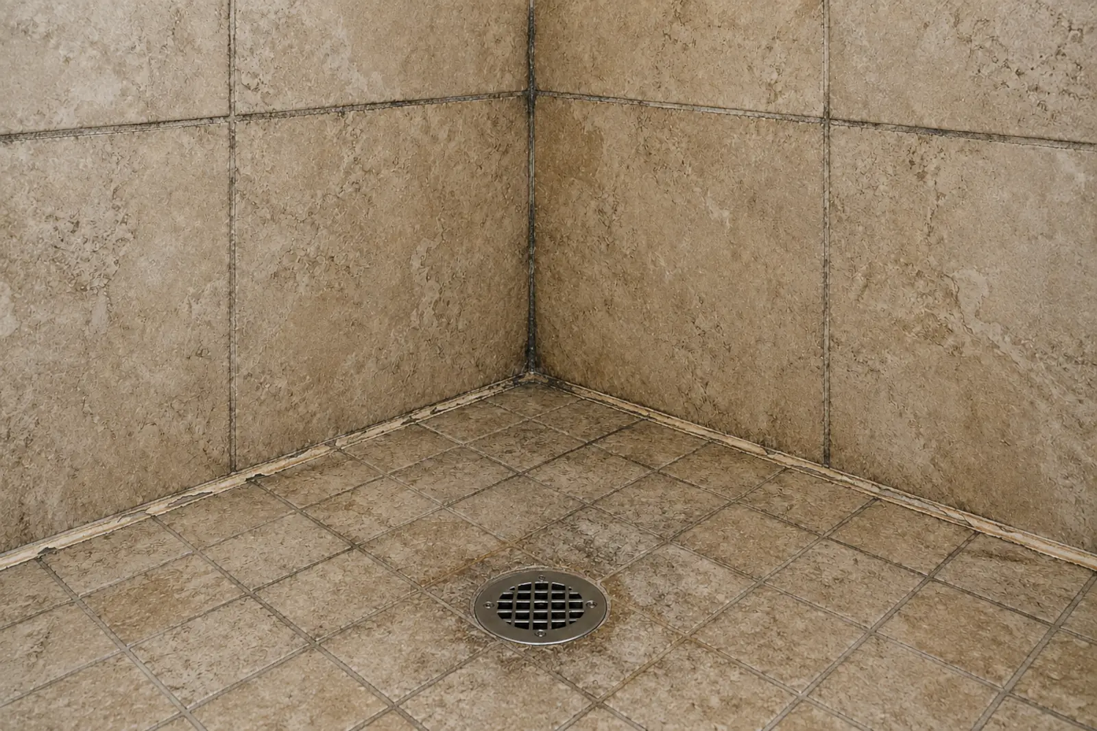Tile repair Brea CA — stained grout and peeling caulk in a shower corner before restoration